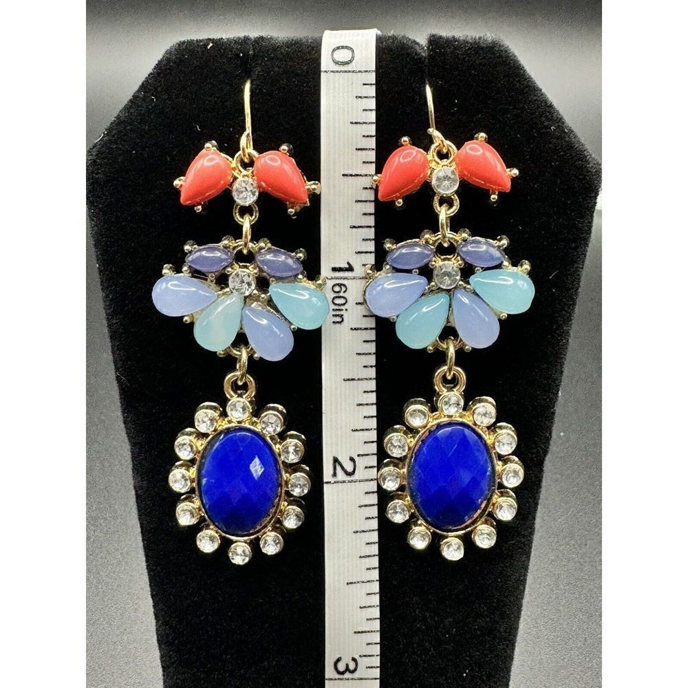 Gold Tone Multicolor Acrylic Rhinestone Chandelier Style Dangle Earrings - Picture 2 of 6
